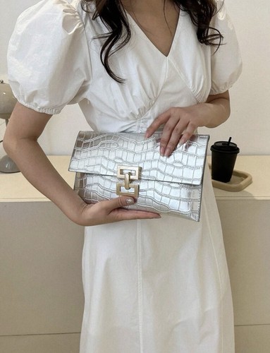 Silver croc embossed clutch - croc,